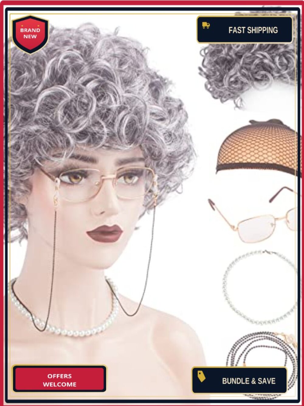 Old Lady Costume Set Grandma Wig Curly Synthetic Fiber 5 Piece